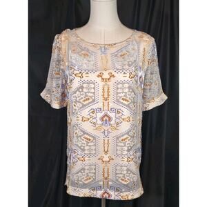 Sundance Sheer Lined Blue Brown Tribal Print Top XS
